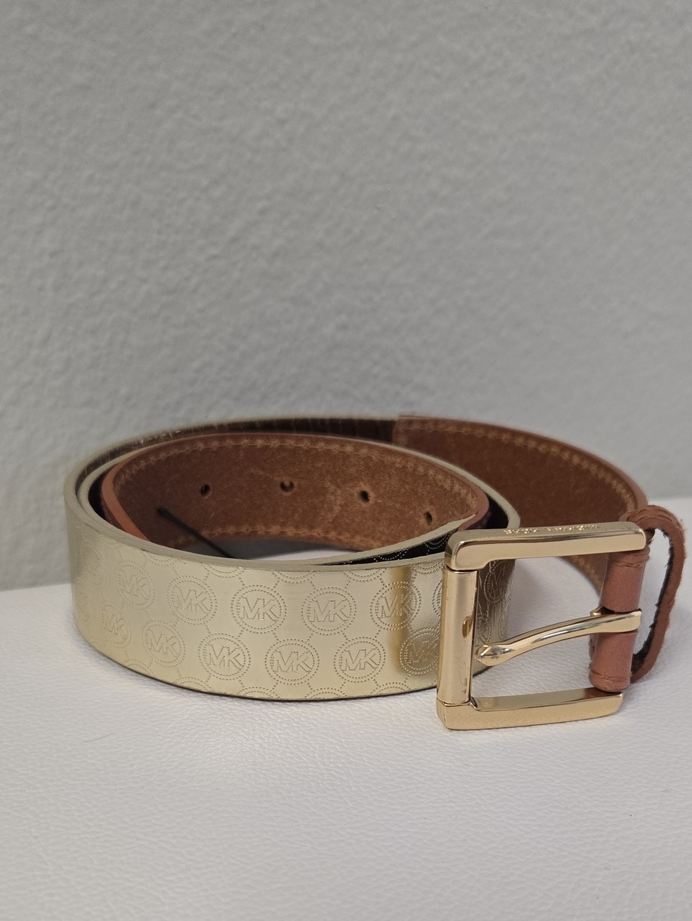 Michael Kors Gold and Brown Logo Leather Belt